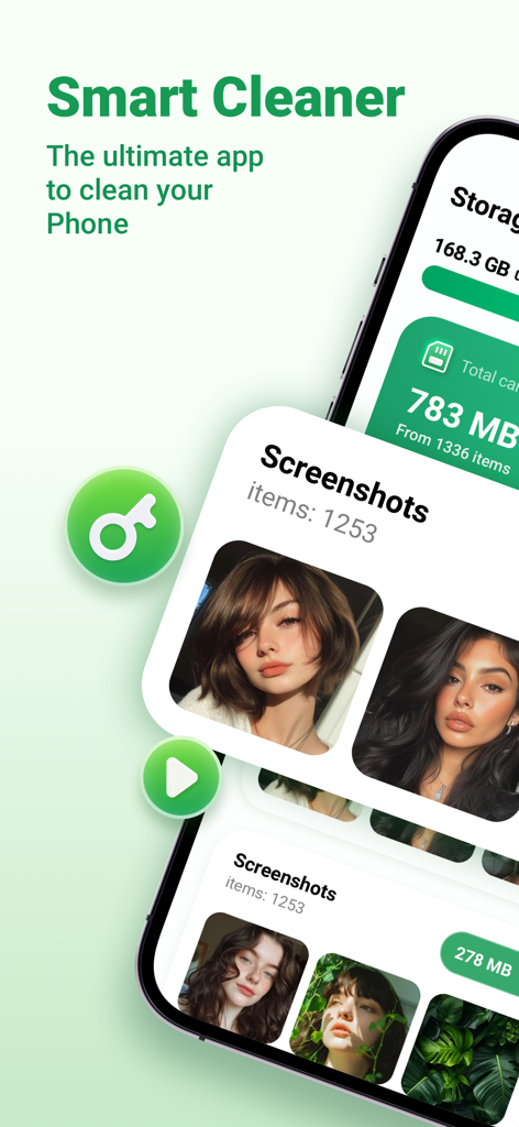 Interface do aplicativo Smart Cleaner mostrando estatísticas de armazenamento do iPhone e gerenciamento de capturas de tela