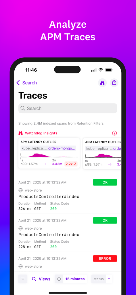 Interfaccia dell'app mobile Datadog che mostra tracce APM e insight sulle prestazioni del servizio