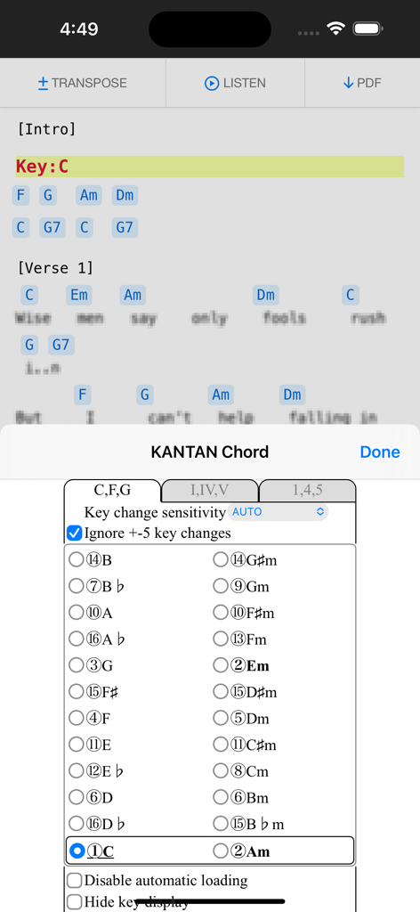 KANTAN Chord - Extension de navigateur KANTAN Chord affichant la sélection de la tonalité et les paramètres de transposition sur un appareil mobile.