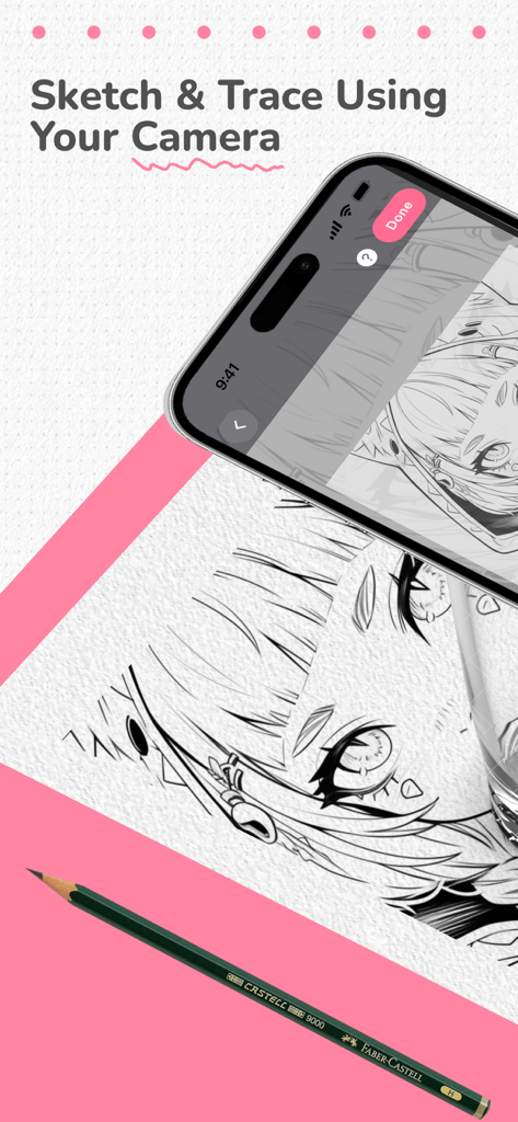 AR Sketch & Trace - Un smartphone usando la aplicación AR Sketch and Trace para proyectar un personaje de anime en papel para dibujar guiado.