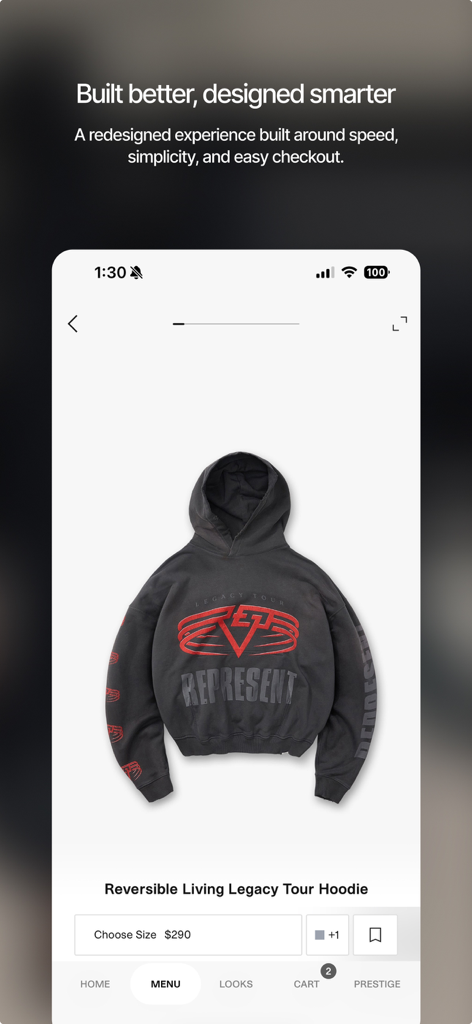 REPRESENT - Represent app product page featuring a black graphic hoodie