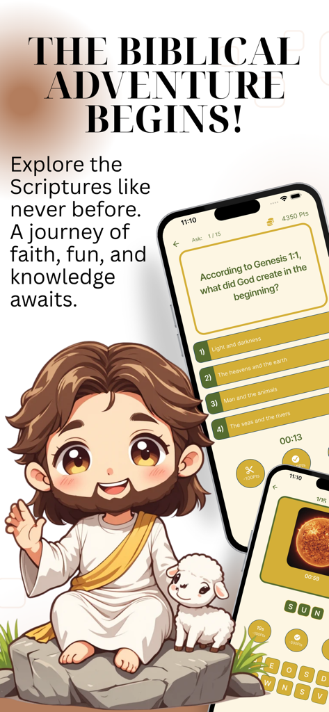 Bible Quest: Christian Trivia - Cartoon Jesus and a lamb next to a mobile phone displaying a Bible trivia quiz question