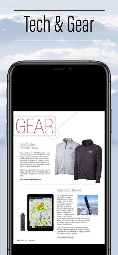 Una página de la aplicación Plane and Pilot con equipo de piloto y una reseña del receptor ADS-B