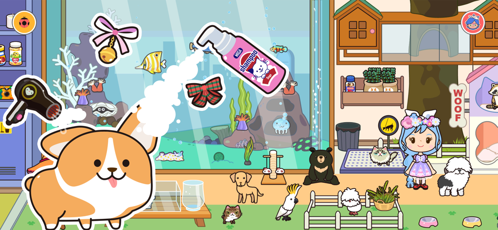 Miga Town My Petsのデジタルドールハウスゲームで、コーギーが洗われ、グルーミングされている様子