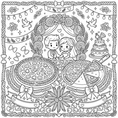 Get ready to celebrate love and delicious food with this charming wedding-themed coloring page. Featuring an adorable couple, mouth-watering pizzas, and playful pasta, it's a perfect blend of romance and culinary delight.