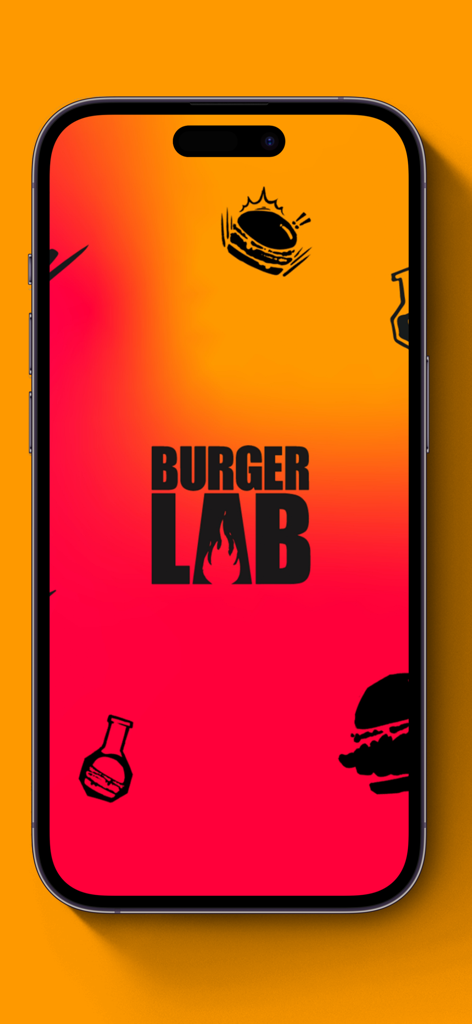 Burger Lab - Pantalla de inicio de la app Burger Lab con el logo e íconos de comida sobre un degradado naranja y rojo vibrante
