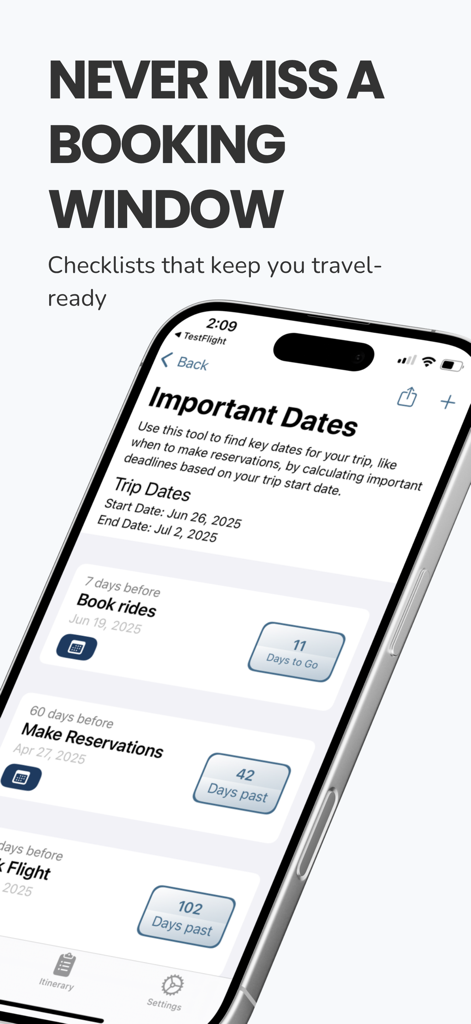 Pocket Trip Planner - A mobile app screen titled Important Dates showing a travel itinerary with booking deadlines and countdowns.