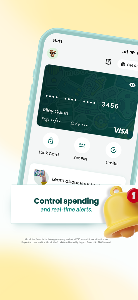 Modak banking app interface showing spending controls and real-time alerts for a kids Visa debit card