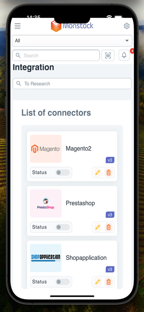 Monstock - Monstock app integration screen showing e-commerce platform connectors