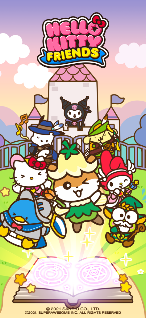 ピンクのお城の前でかわいいファンタジーコスチュームを着たハローキティとサンリオキャラクターたち