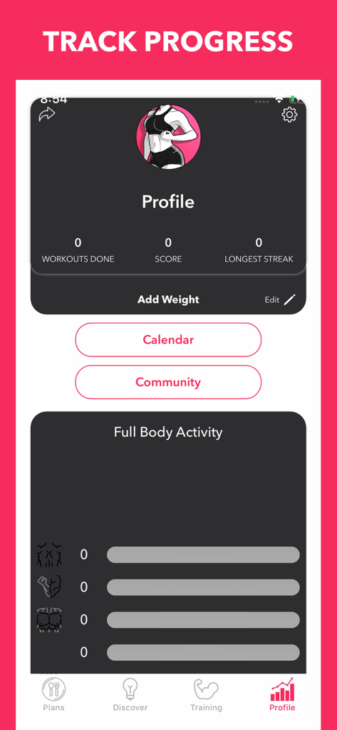 Easy Home Workout Women NO GYM - Profile page of the Easy Home Workout Women app showing fitness stats and activity tracking