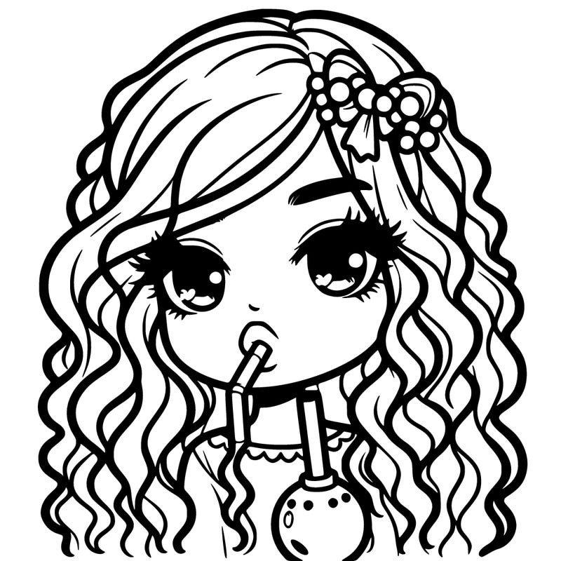 girl with long curly hair with lips and boba