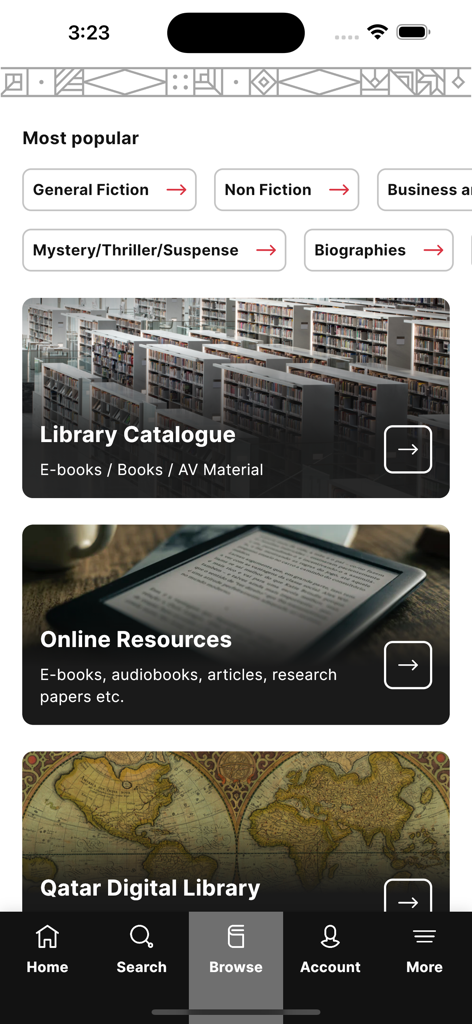 Qatar National Library - Browse menu of the Qatar National Library app showing library catalog and digital library sections