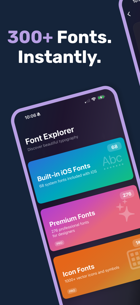 Font Viewer Typeface Font Book - Font Viewer app interface showing different font categories like iOS fonts, premium fonts, and icon fonts with a 300 plus fonts heading.