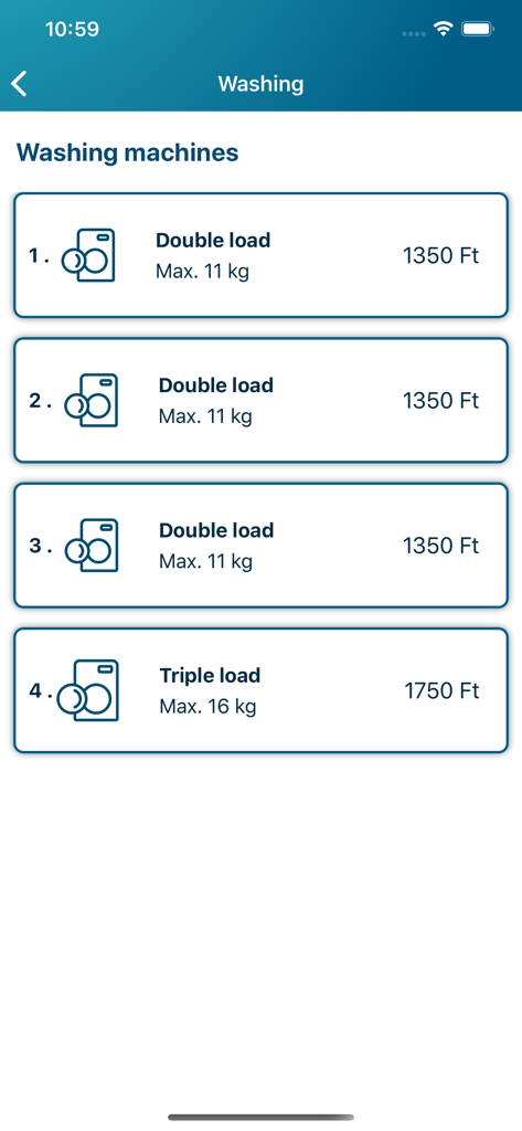 Bubbles Mosoda - Bubbles Mosoda App-Bildschirm mit Kapazitäten und Preisen für Waschmaschinen.