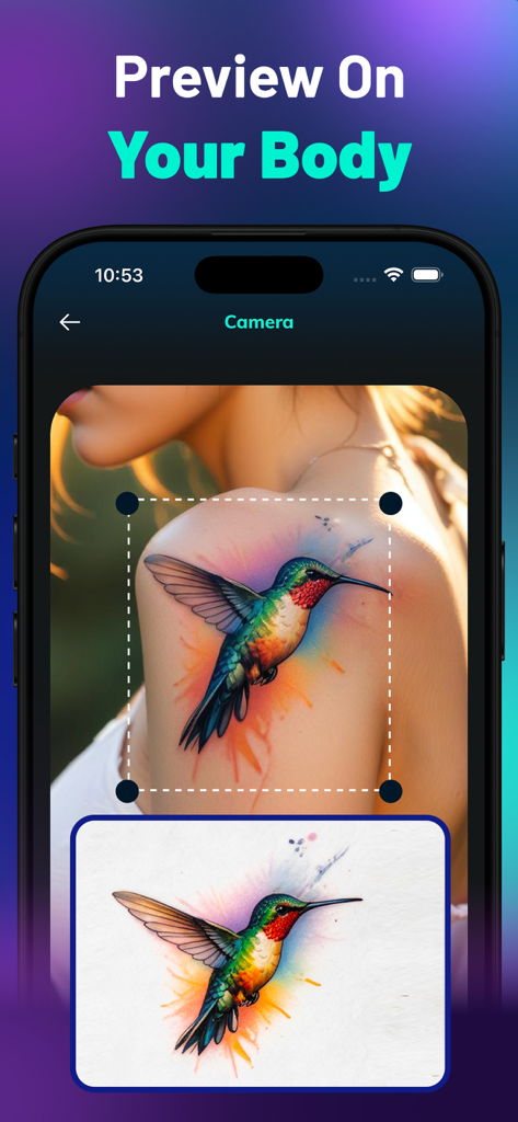 Tattoo Style AI - Design Maker - Una vista previa de un diseño de tatuaje de colibrí colorido en un hombro usando tecnología de IA