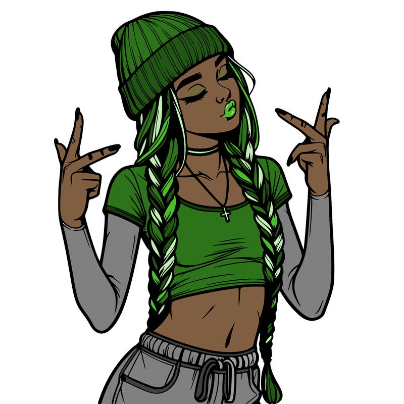 realistic teenage girl with braids and a beanie and crop top doing 🫶🏼