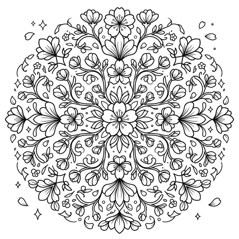 Immerse yourself in the delicate beauty of spring with this stunning cherry blossom mandala coloring page. Its intricate floral patterns and symmetrical design offer a truly engaging and meditative coloring experience for all ages.