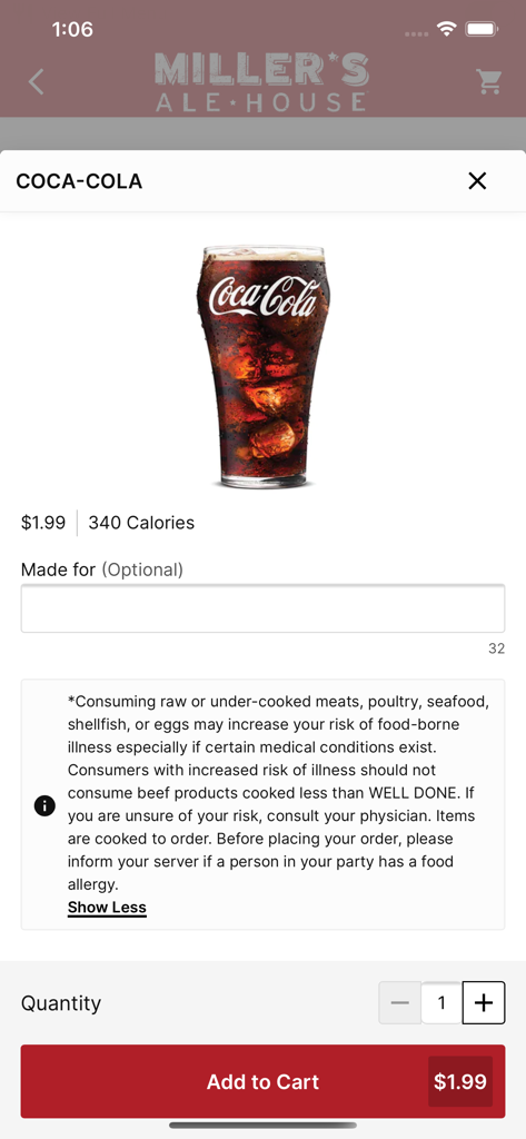 Tela do aplicativo Miller's Ale House para pedir uma bebida Coca-Cola com preço e botão de adicionar ao carrinho