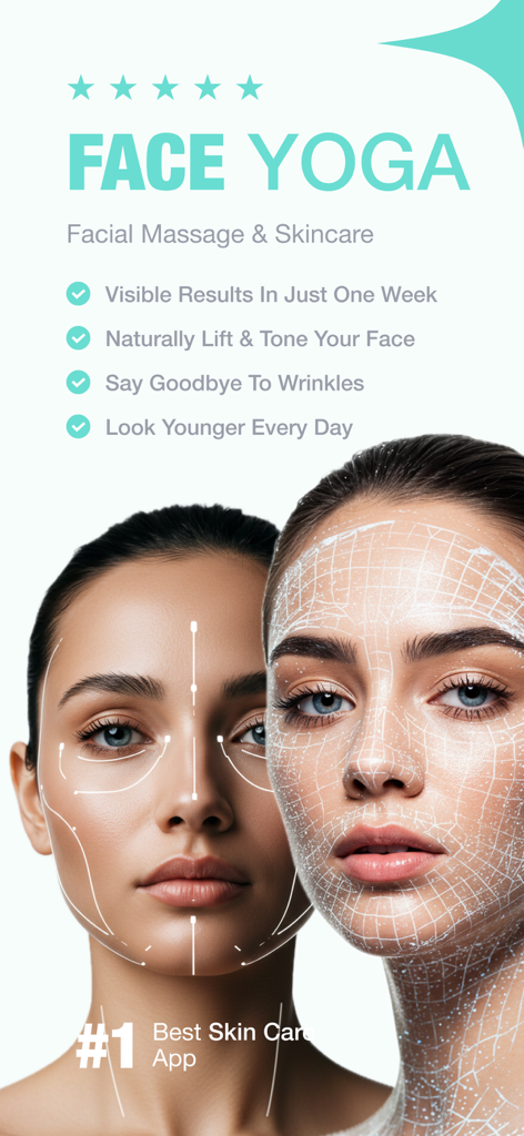 Face Yoga - Face Exercises - Promotional screen for Face Yoga app showing women with facial mapping lines and skincare benefits