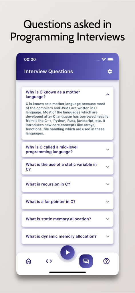 Learn C - OnePercent - Mobile app screen displaying common C programming interview questions and answers