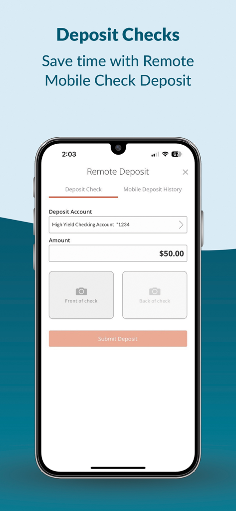 TDECU Digital Banking - Screenshot of the TDECU Digital Banking app interface for remote mobile check deposit