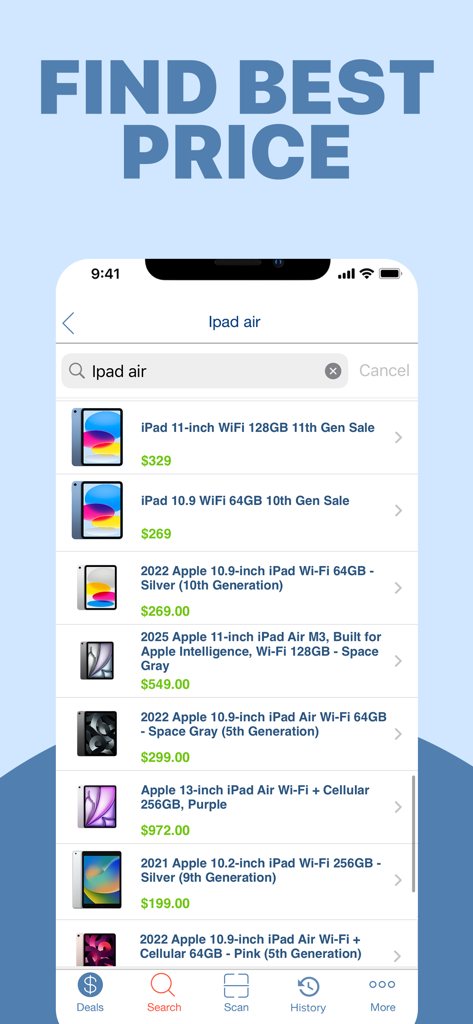 BuyVia mobile app interface showing price comparison results for various iPad models under the heading Find Best Price.
