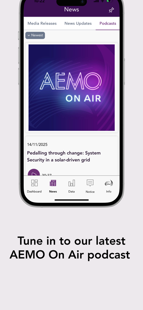 AEMO Energy Live - A screenshot of the AEMO Energy Live app news section displaying a podcast titled AEMO On Air.