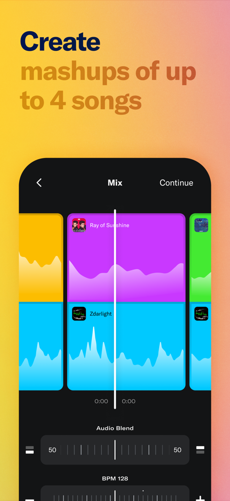 MashApp Music app interface showing a 4-track mashup creation screen with colorful waveforms and audio blend controls