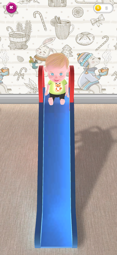 A virtual baby sitting at the top of a blue slide in a playroom.
