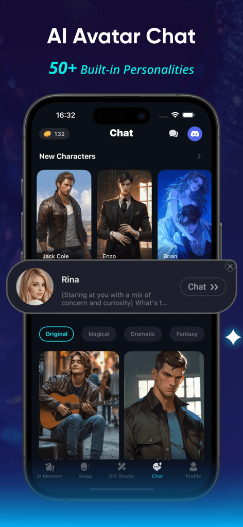 iSwapX - Smartphone screen showing iSwapX AI Avatar Chat interface with various character personalities like Jack Cole and Enzo