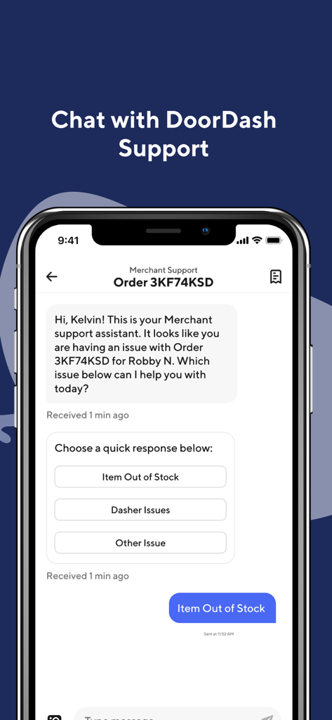 DoorDash Business Managerアプリのマーチャントチャットサポートインターフェース。注文の問題を解決するためのものです。