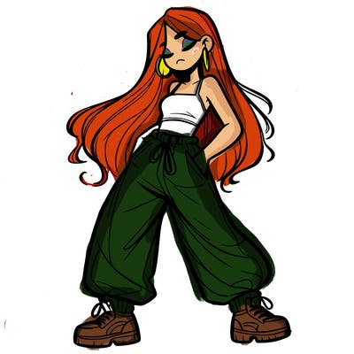 girl in baggy pants crop top and long hair
