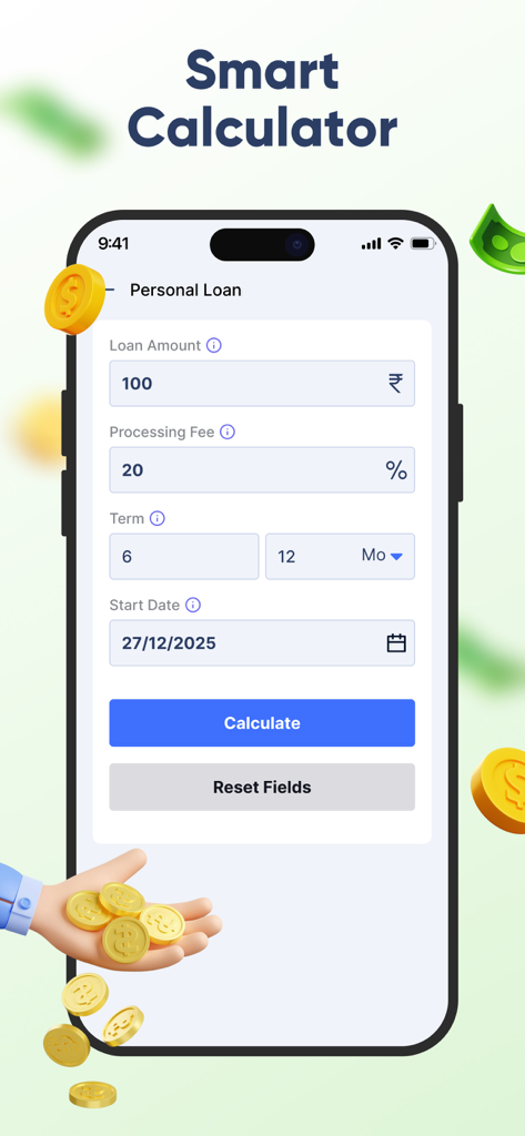 Money Tracker: Budget Manager - Schermata della calcolatrice intelligente per prestiti personali con campi di input per l'importo del prestito, commissioni di elaborazione e termine