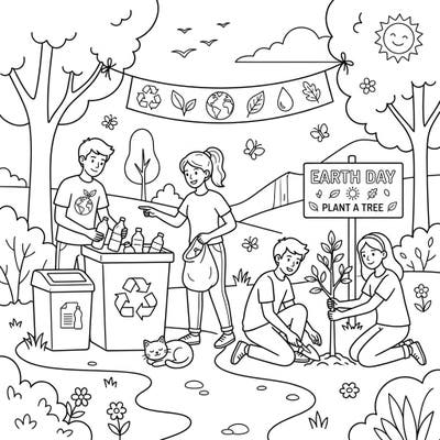 This vibrant coloring page captures the spirit of Earth Day with teenagers and kids actively engaging in environmental protection. Join them as they recycle and plant a new tree, spreading the message of care for our planet.
