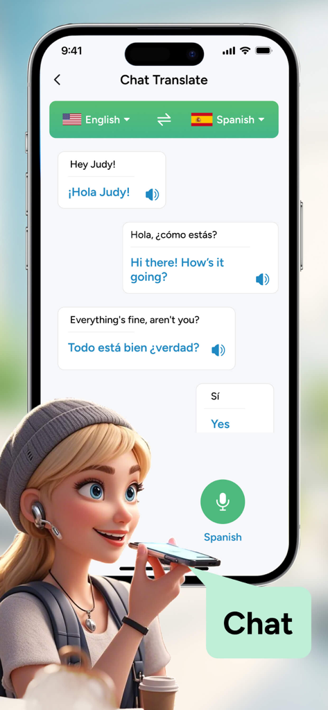 TransPro: Language Translator - Interfaz de la aplicación TransPro que muestra una sesión de traducción de chat en tiempo real entre inglés y español con entrada de voz y burbujas de texto.