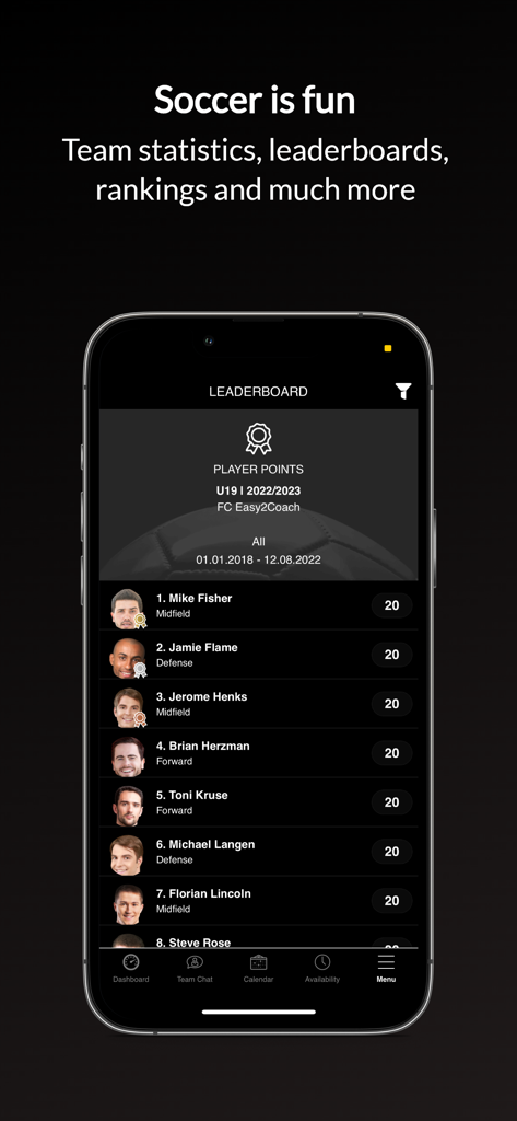 Soccer team leaderboard showing player rankings and points in the easy2coach app