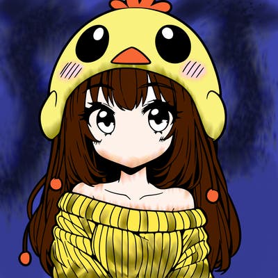 anime girl with chick shaped hat with sweater with bare shoulders with bangs covering them one eye with low tail