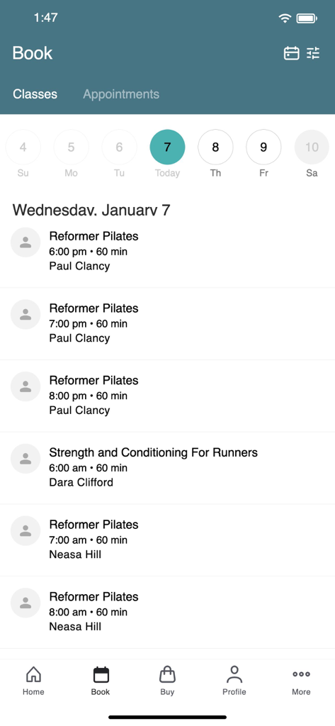 DC Fitness Physio - Calendrier de réservation de cours de l'application DC Fitness Physio montrant des cours de Reformer Pilates et de Force et Conditionnement.