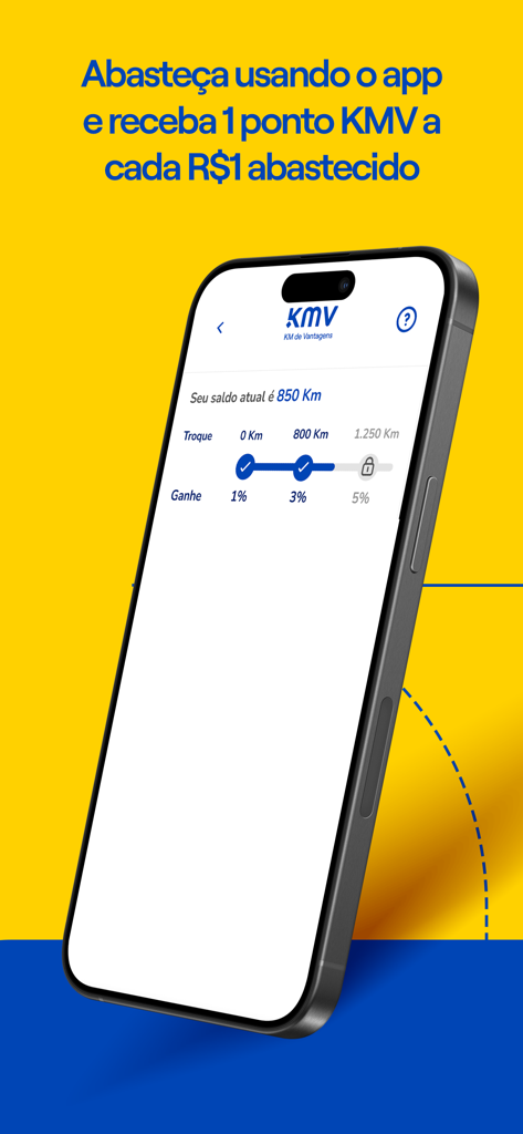 Interface of the KMV app showing points balance and cashback reward levels on a smartphone
