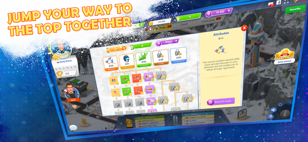 Ski Jump Mania 3 s2 - Skill tree and character attributes menu in Ski Jump Mania 3 mobile game