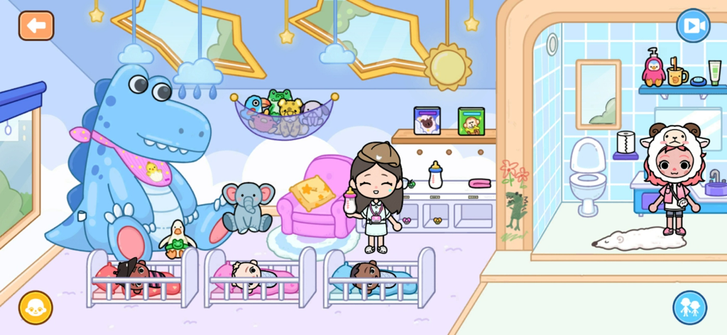 Mia World - A colorful nursery room in Mia World with babies in cribs and a large dinosaur toy.