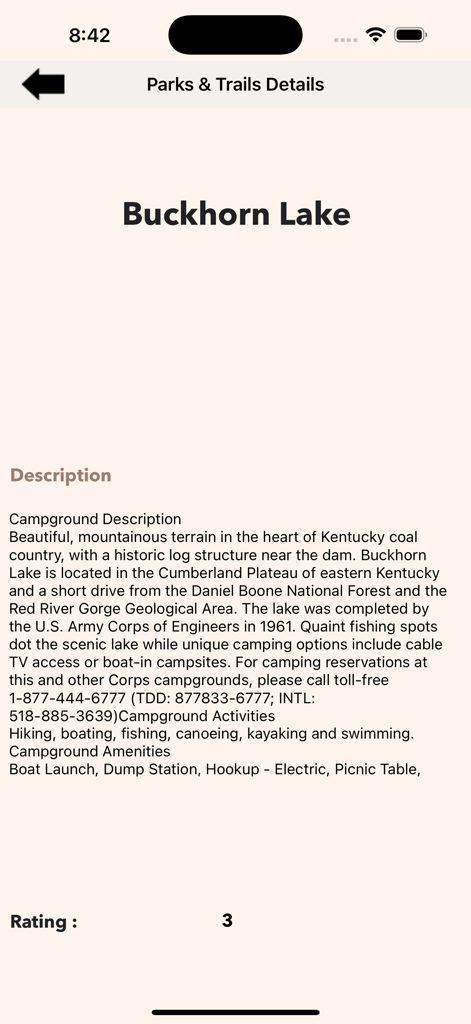 Parks & Trails - Kentucky - Detail page of the Parks and Trails Kentucky app showing information about Buckhorn Lake campground including description and activities