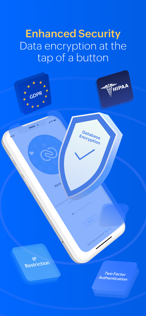 Zoho CRM app screen showcasing enhanced security features including database encryption HIPAA and GDPR compliance