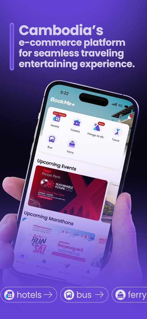 BookMe+ - Mobile app interface for BookMe plus showing travel booking services for Cambodia including hotels bus and ferry tickets