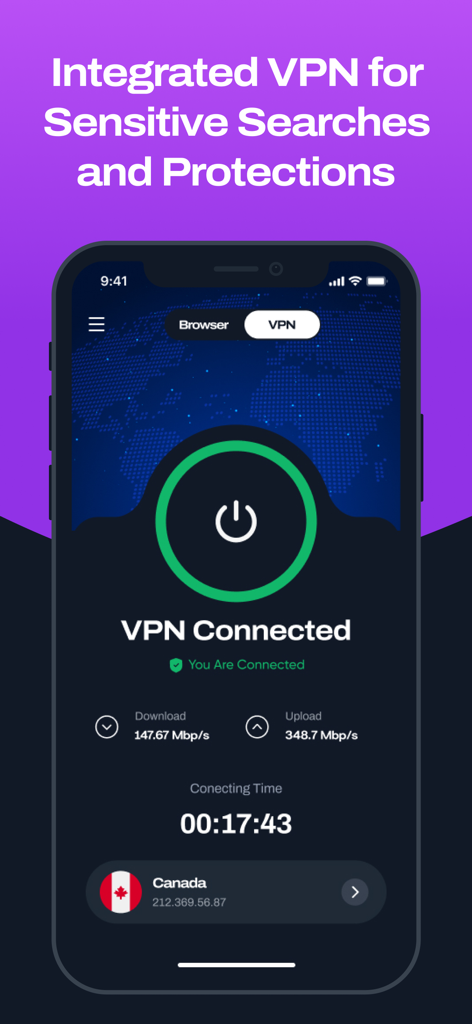 Tor Browser アプリのインターフェイス。アップロードおよびダウンロード速度とカナダにあるサーバーを備えたアクティブな VPN 接続が表示されます。