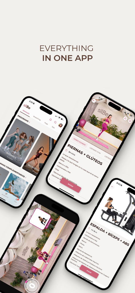 Cuatro pantallas móviles mostrando la aplicación de fitness silBe para mujeres con varios programas de ejercicios guiados y videos de entrenamiento.