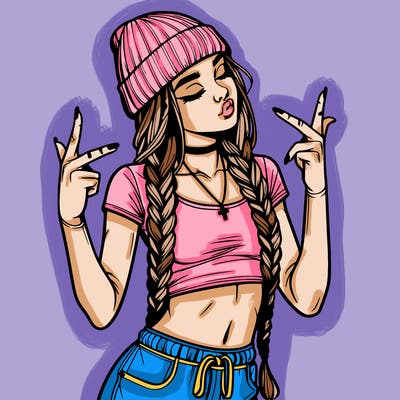 realistic teenage girl with braids and a beanie and crop top doing 🫶🏼