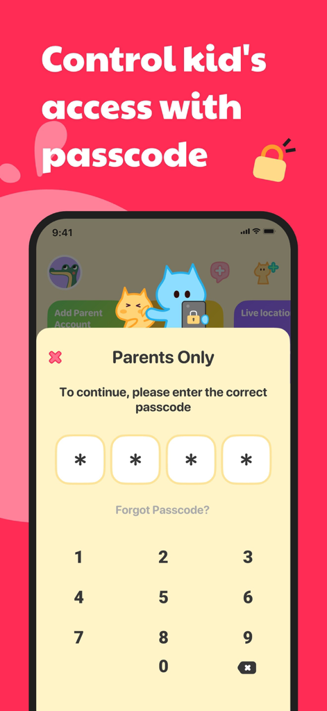 Capture d'écran de l'application JusTalk Kids montrant l'écran de saisie du code d'accès parental.