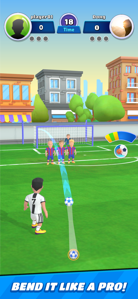 Football Clash - Mobile Soccer - A 1v1 soccer free kick match in Football Clash showing a curved ball trajectory toward the goal